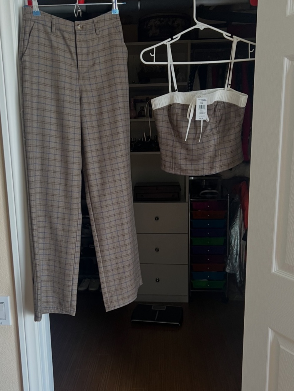 Le Lis Brown Plaid Straight-Leg Pants with Strapless Crop Top